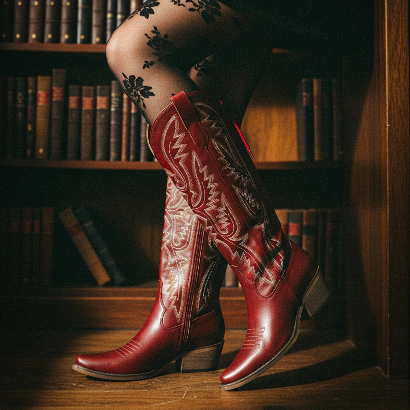 The Withersteen – Red Tall Cowgirl Boots with Bold Embroidery and Lace-Up Back