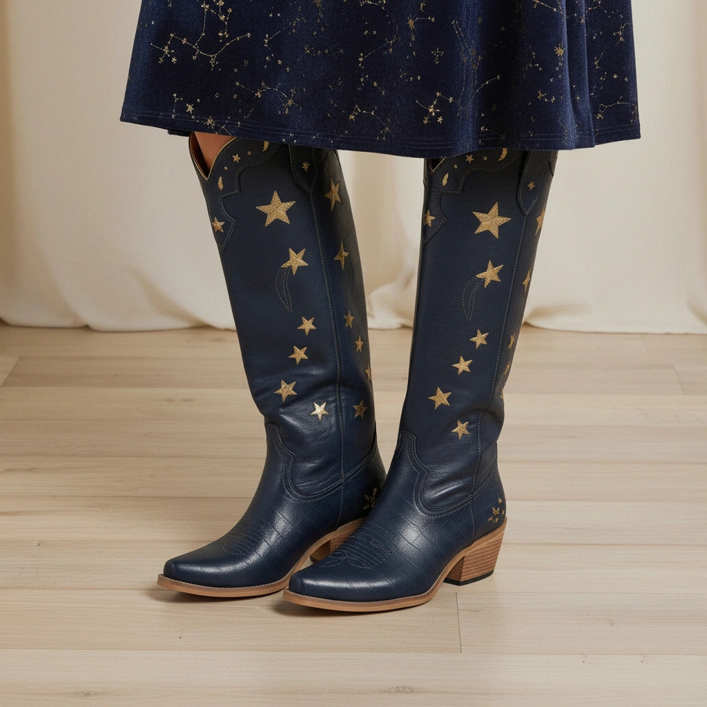 The Celestial – Midnight Blue Snip Toe Starry with Moon Cutout Tall Cowgirl Boots