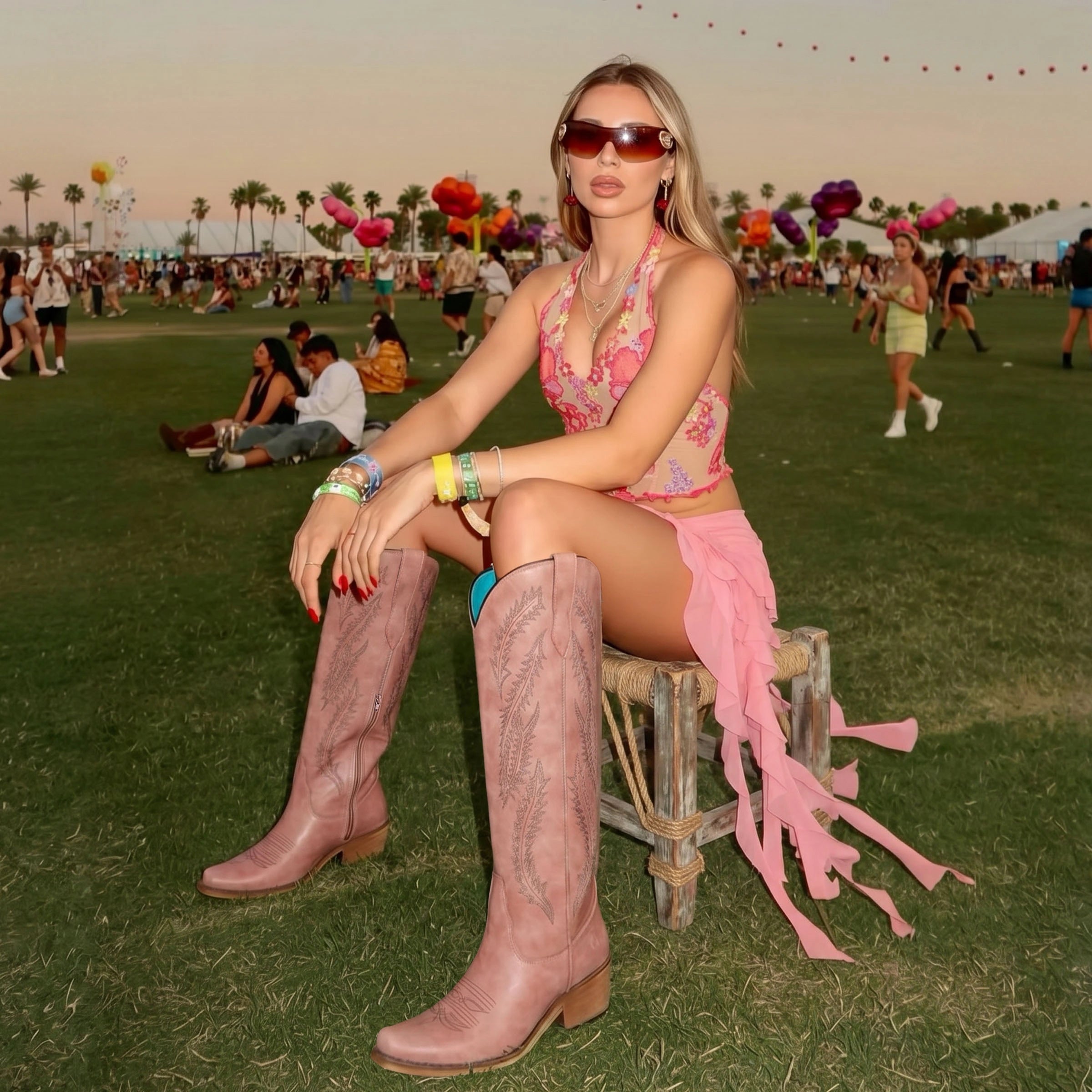The Cattle - Dusty Rose Tall Wide Calf Western Boots with Tonal Embroidery