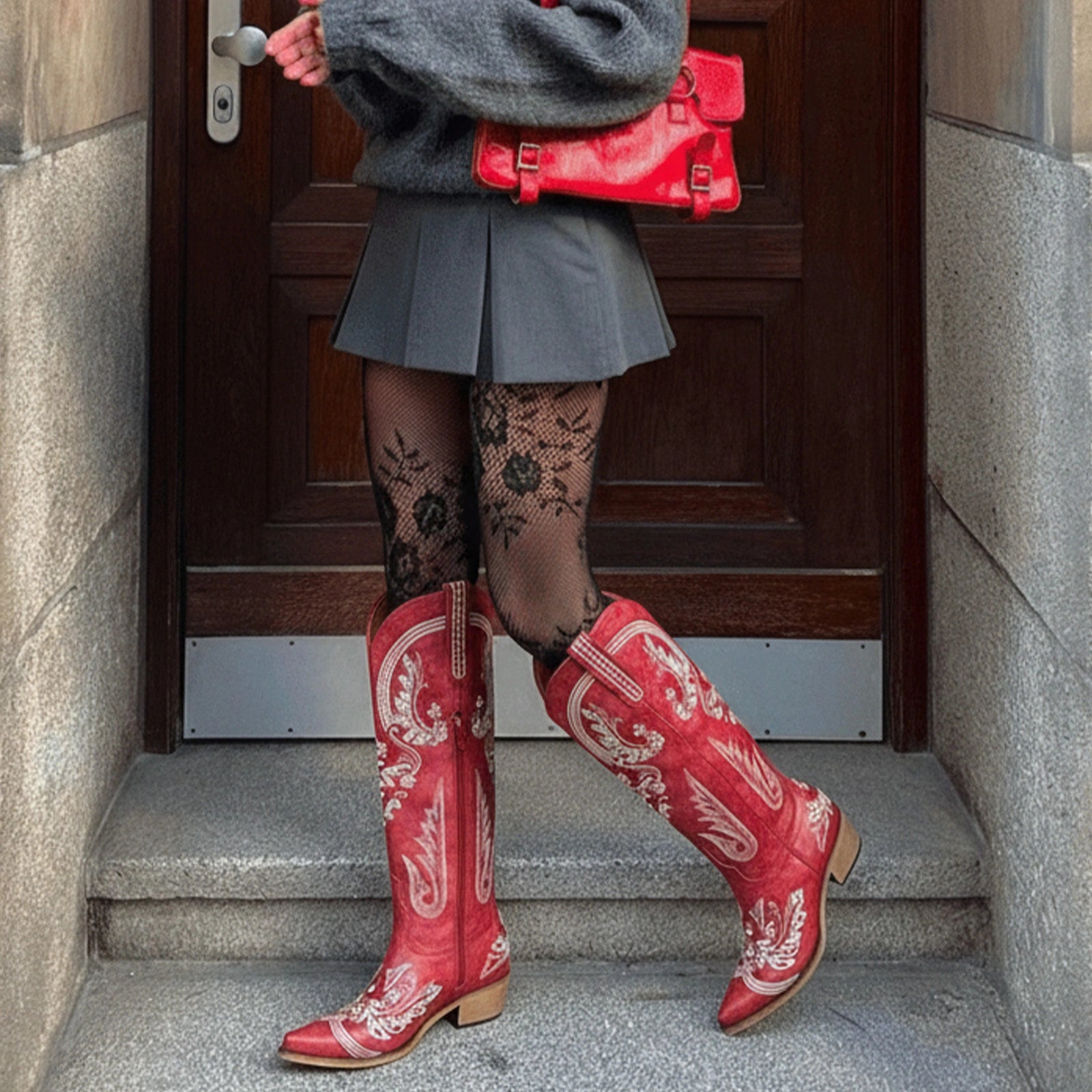 The Aurelia - Crimson Blaze Women's Cowgirl Boots with Snip Toe & Floral Embroidery