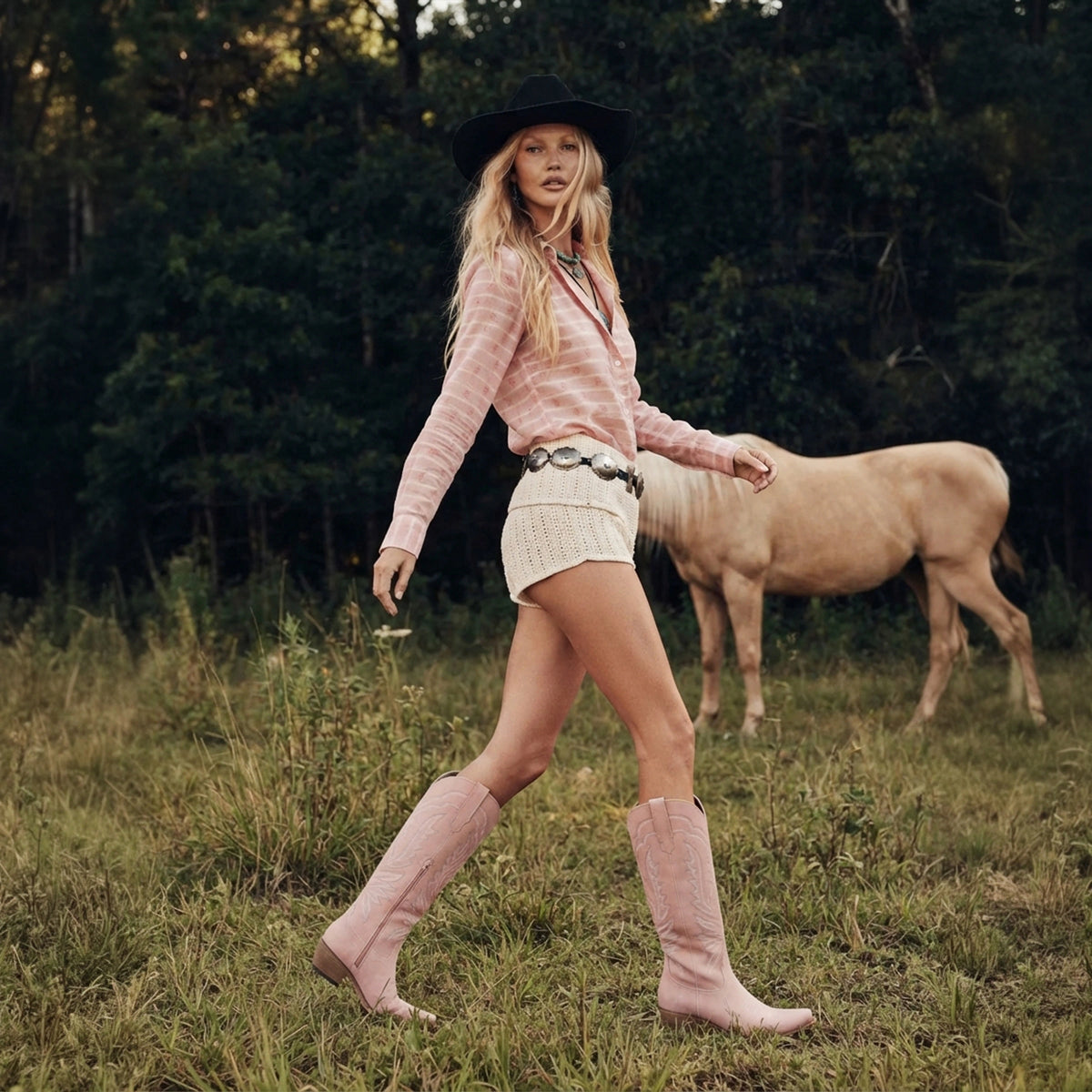 The Laurey - Blush Pink Embroidered Snip Toe Cowgirl Boots with Side Zipper