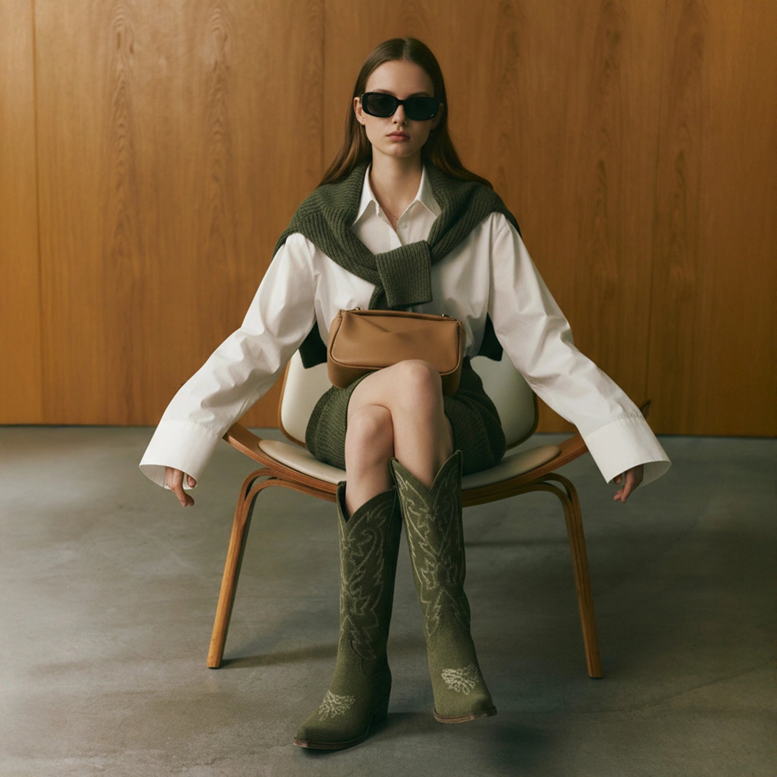 The Molly Wood – Olive Suede Snip Toe Embroidered Cute Comfortable Tall Cowgirl Boots