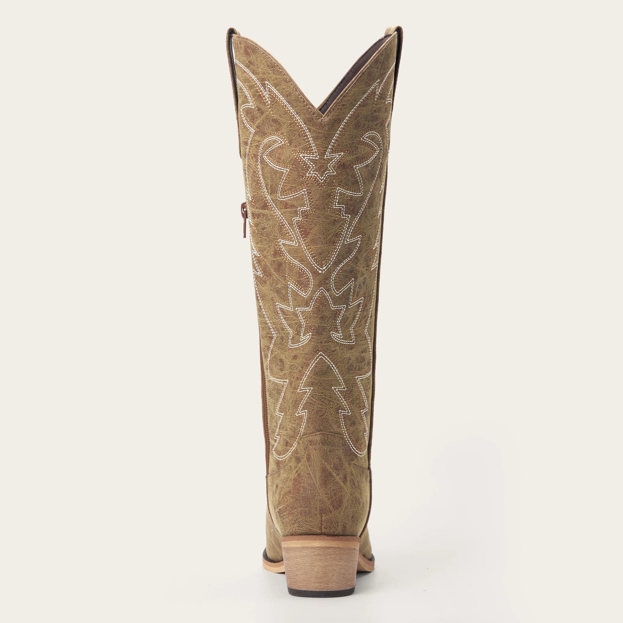 The Molly Wood – Distressed Tan Leather Snip Toe Embroidered Comfy Tall Cowgirl Boots