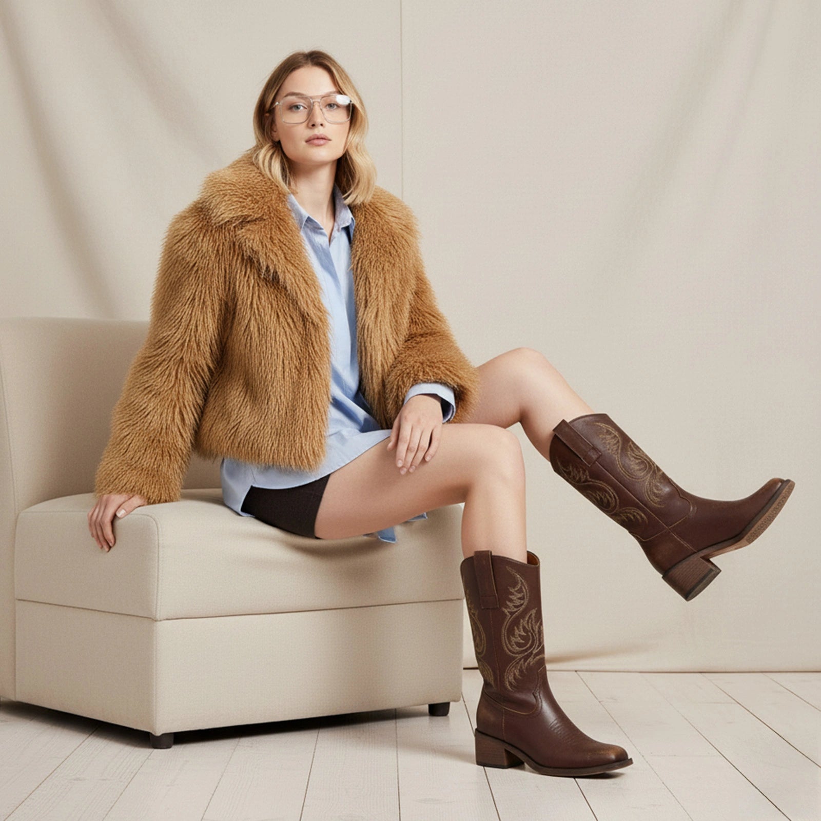 The Bronco - Brown Square Toe Embroidered Mid-calf Cowgirl Boots