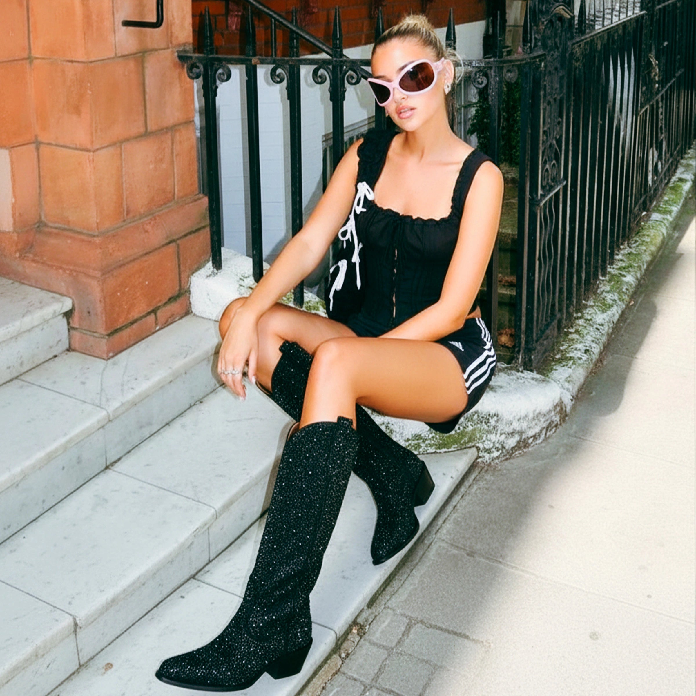 The Stardust - Crystal Covered Black Tall Cowgirl Boots