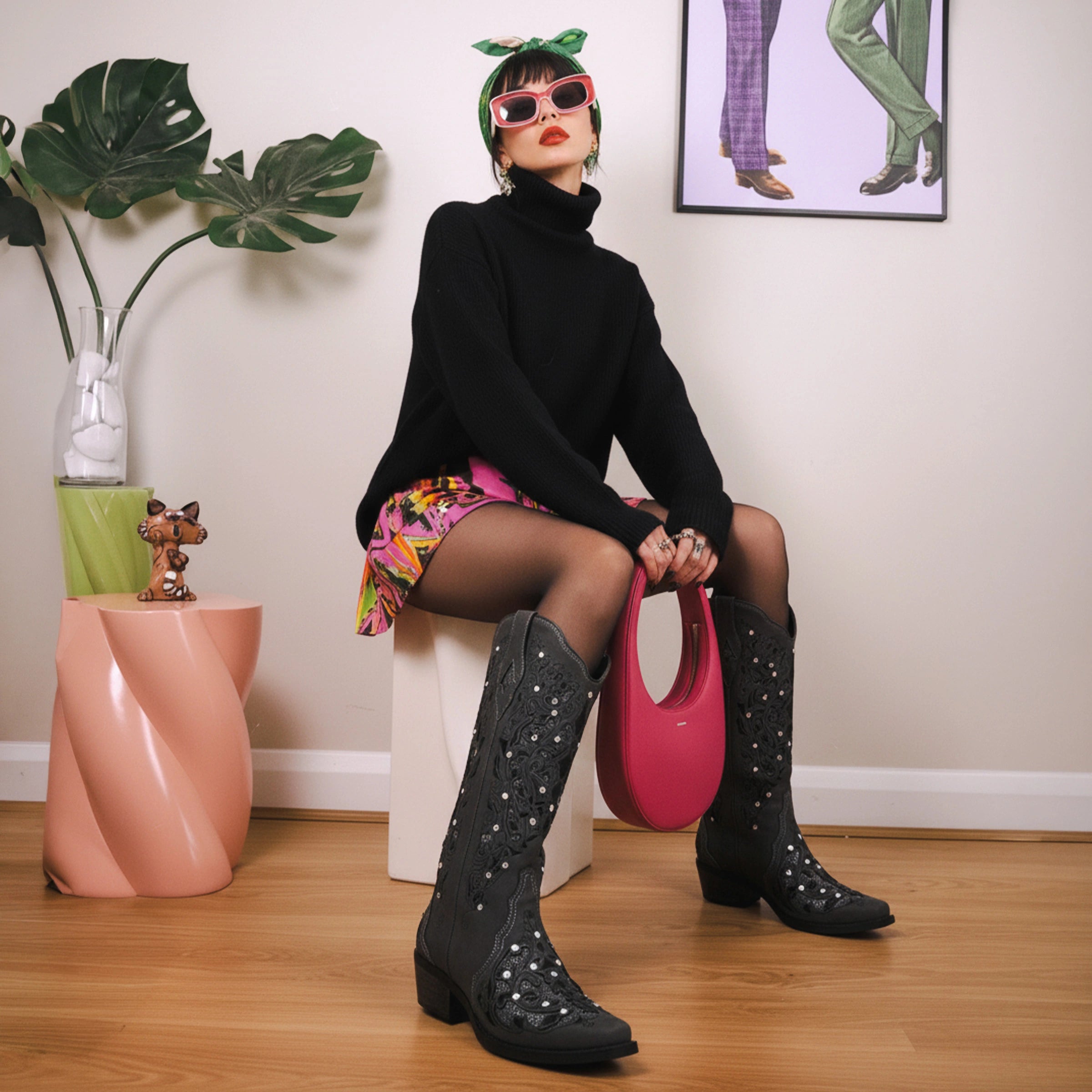 The Ballou - Charcoal Embroidered Cowgirl Boots with Rhinestone and Cutouts