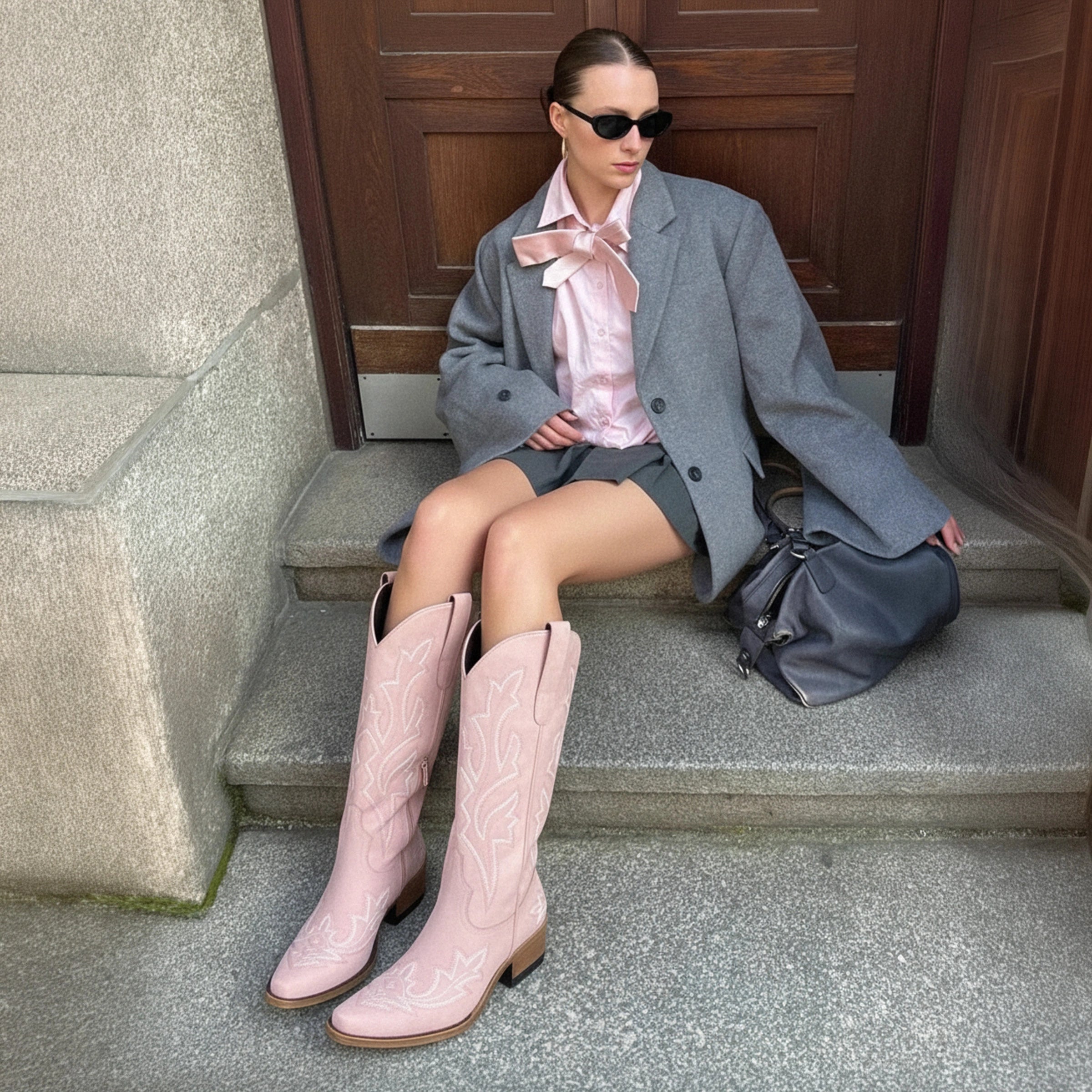 The Etta - Pink Short Tall Cowgirl Boots with Delicate Embroidery