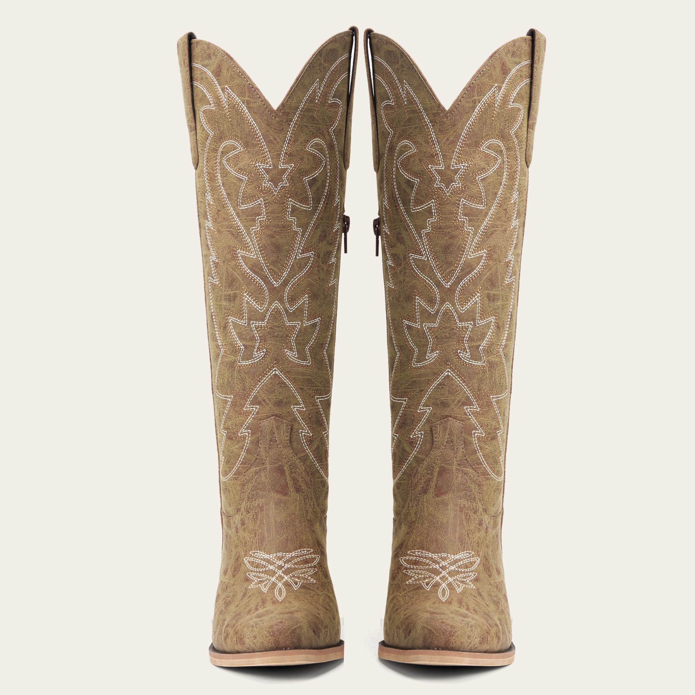 The Molly Wood - Distressed Beige Embroidered Tall Western Cowgirl Boots with Side Zipper