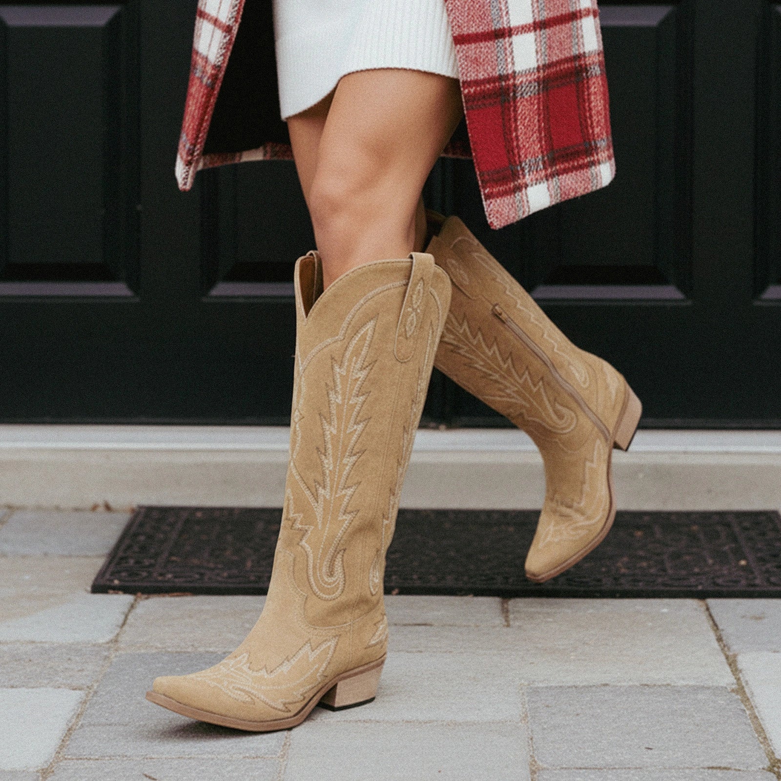 The Rosemary - Beige Suede Classic Tall Cowgirl Boots with Embroidery