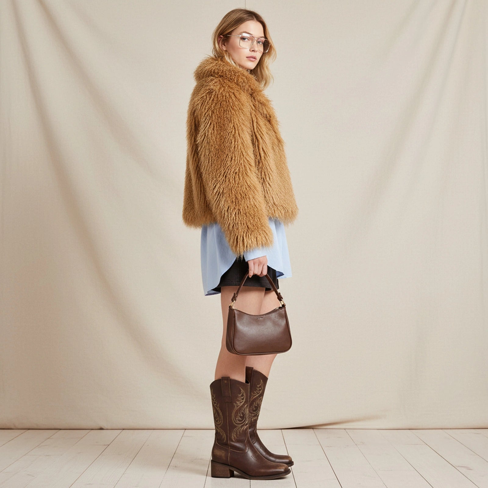 The Bronco - Brown Square Toe Embroidered Mid-calf Cowgirl Boots