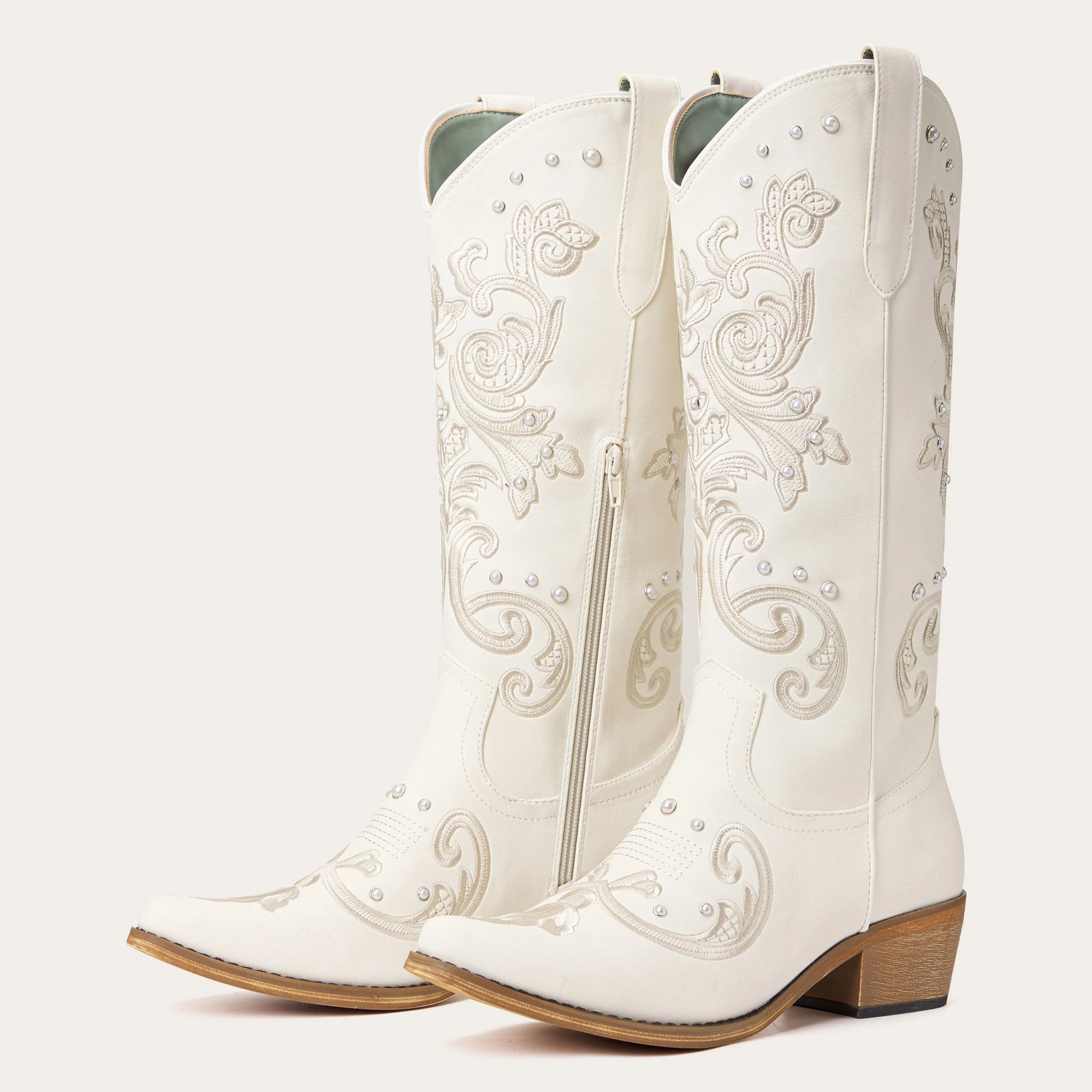 The Missie – Ivory Embroidered Cowgirl Boots with Pearls and Elegant Western Flair