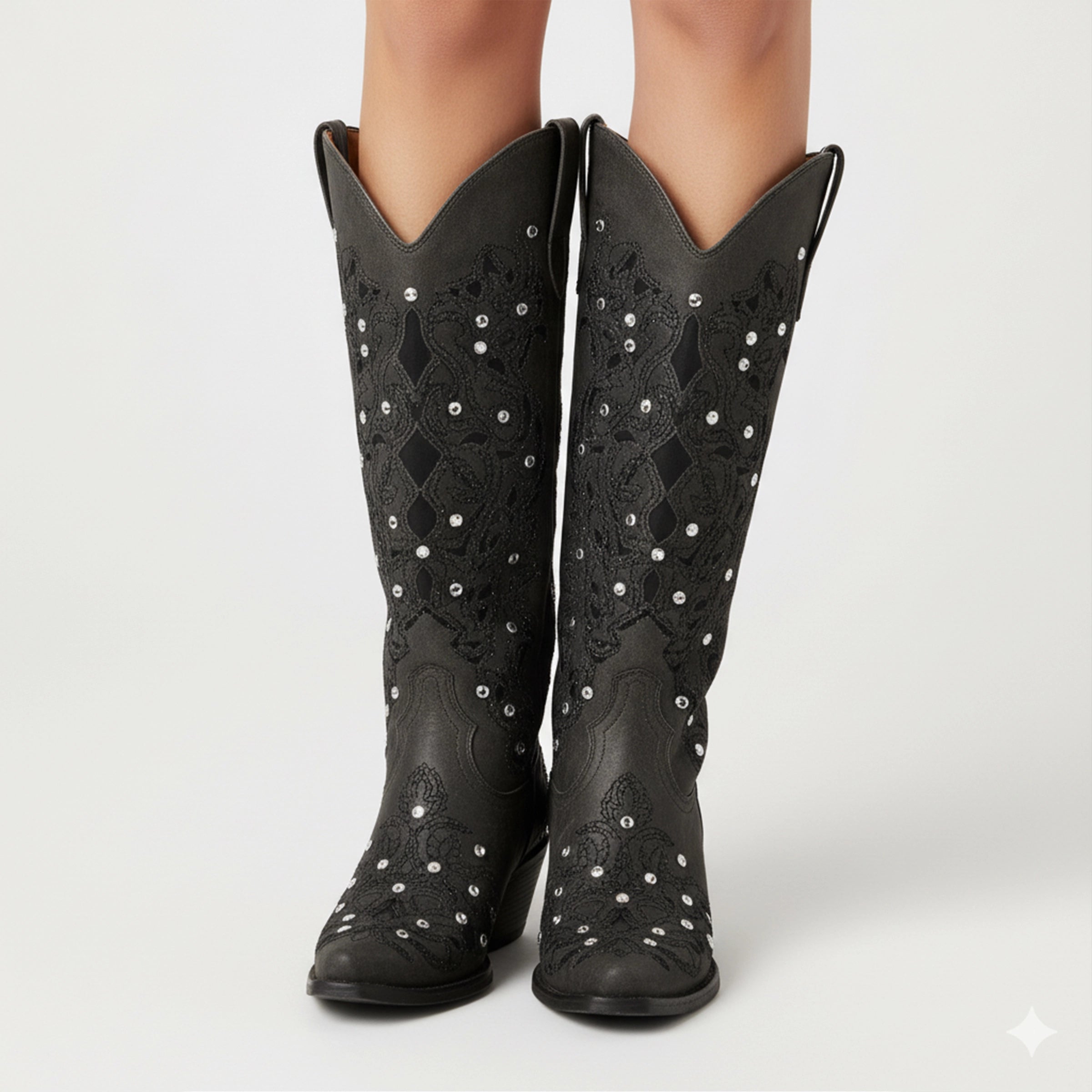 The Ballou - Black Embroidered Cowgirl Boots with Rhinestone and Cutouts