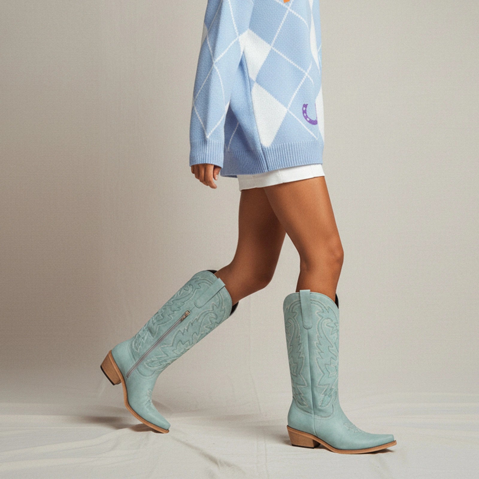The Molly Wood – Blue Snip Toe Embroidered Cute Comfortable Tall Cowgirl Boots
