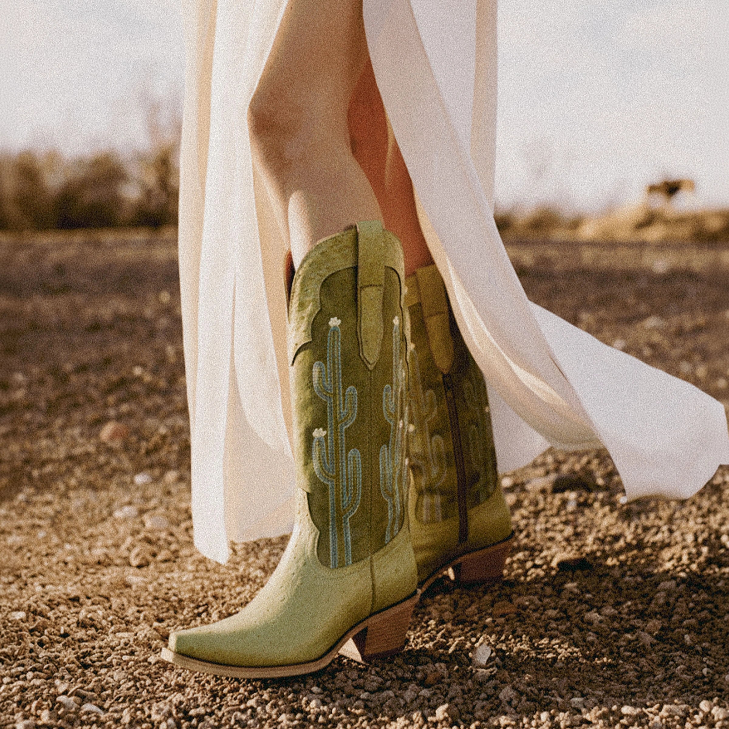The Saguaro - Two Tone Green Boots with Cactus Embroidery & Faux Ostrich