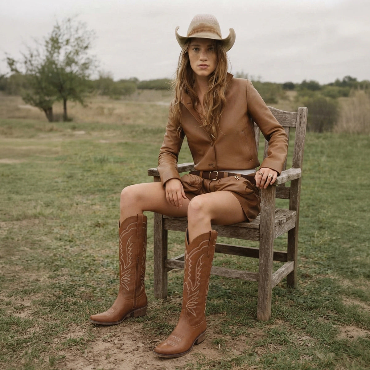 The Laurey - Brown Embroidered Snip Toe Cowgirl Boots with Side Zipper