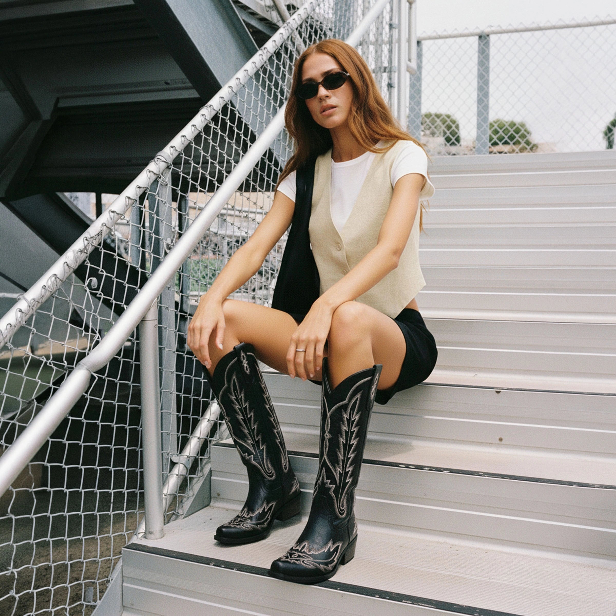 The Rosemary - Black Classic Tall Cowgirl Boots with Embroidery
