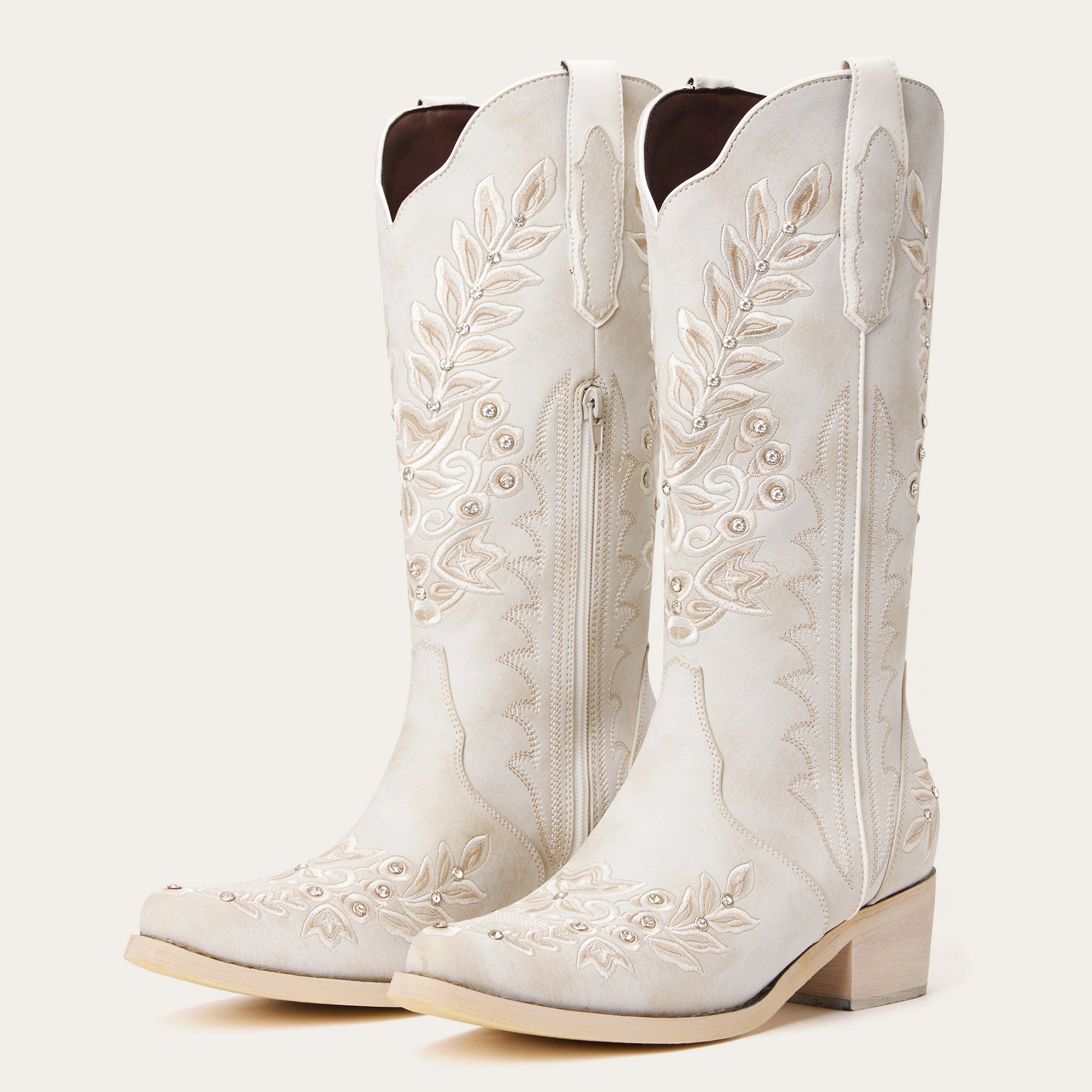 The Grace – Ivory Western Boots with Embroidered Floral and Rhinestone Accents