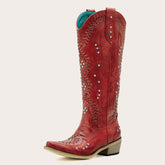The Kitty - Red Snip Toe Rhinestone Cowgirl Boots with Cutout Woven