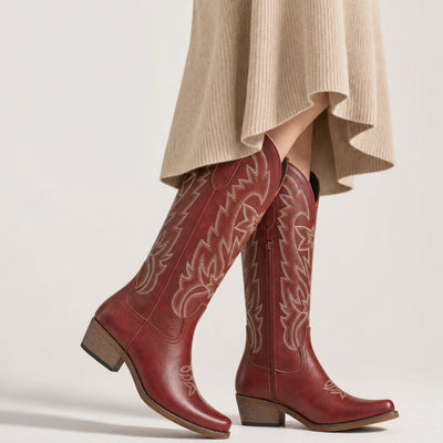 The Molly Wood - Burgundy Starburst Embroidered Tall Western Cowgirl Boots with Side Zipper