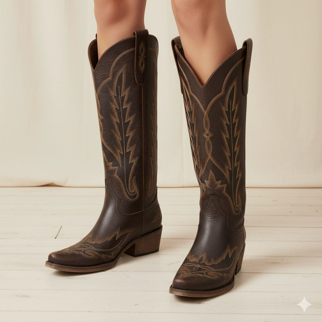 The Rosemary - Dark Brown Classic Tall Cowgirl Boots with Embroidery