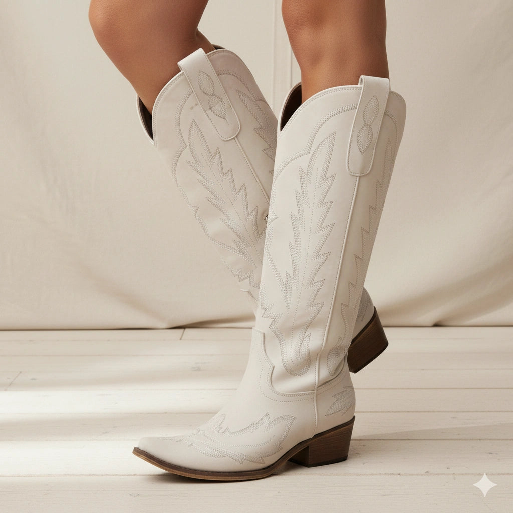 The Rosemary - Cream Classic Tall Cowgirl Boots with Embroidery