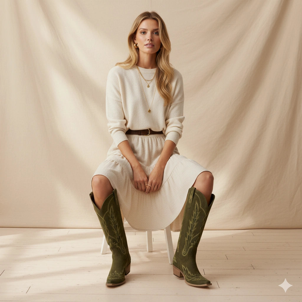The Rosemary - Olive Suede Classic Tall Cowgirl Boots with Embroidery