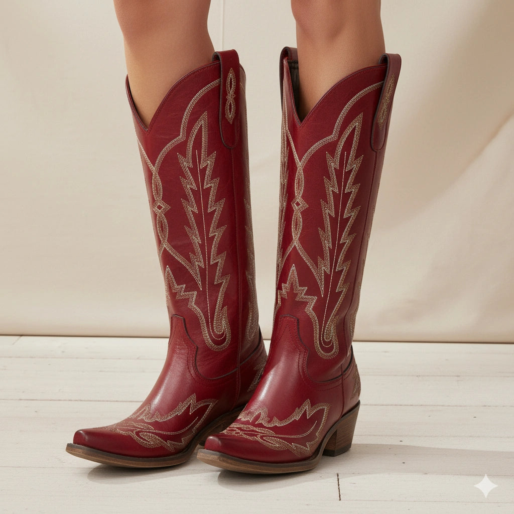 The Rosemary - Crimson Leather Classic Tall Cowgirl Boots with Embroidery