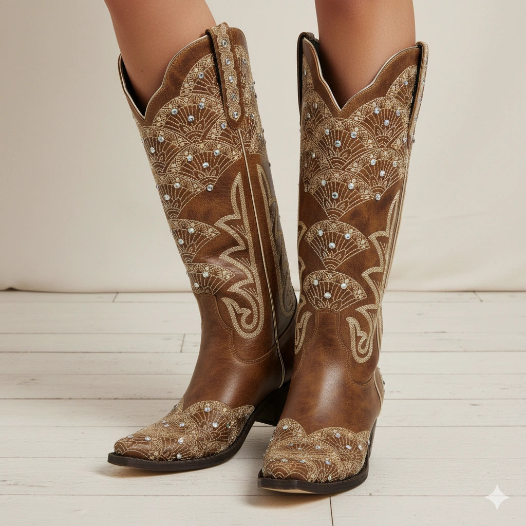 The Swenney - Brown Cowgirl Boots Floral Embroidery & Rhinestone Detail