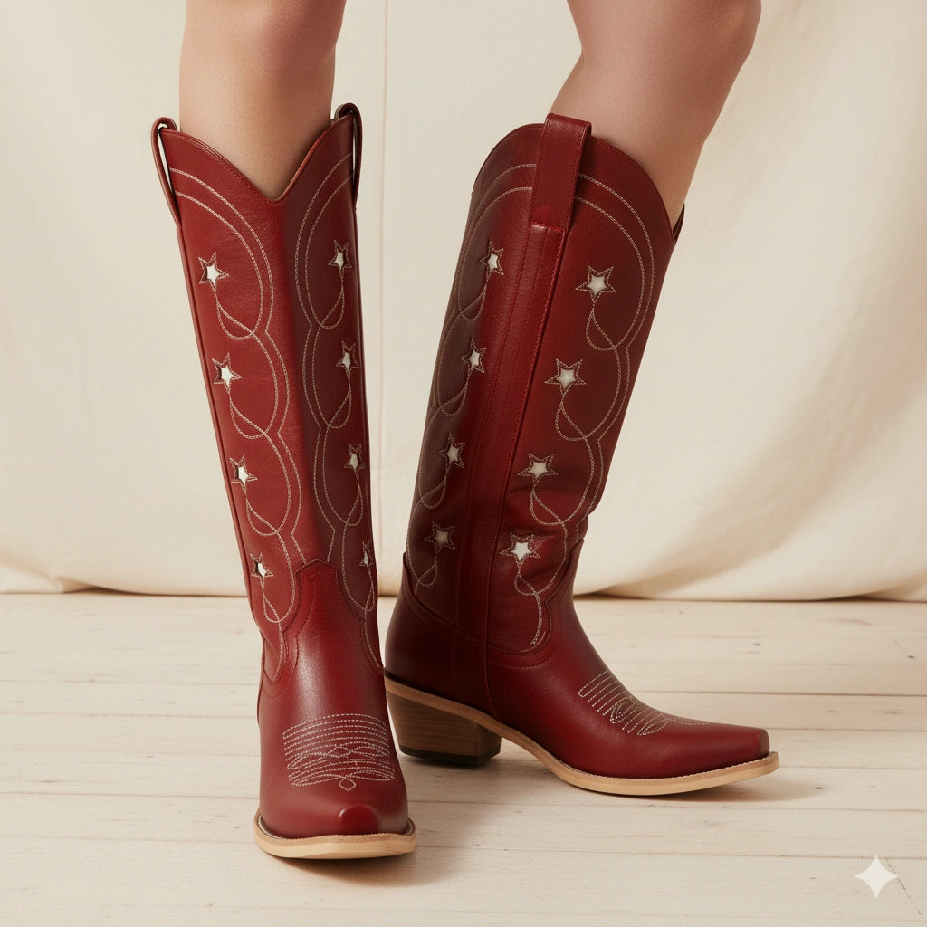 The Stella - Red Starry Embroidered Cowgirl Boots with Bold Detailing