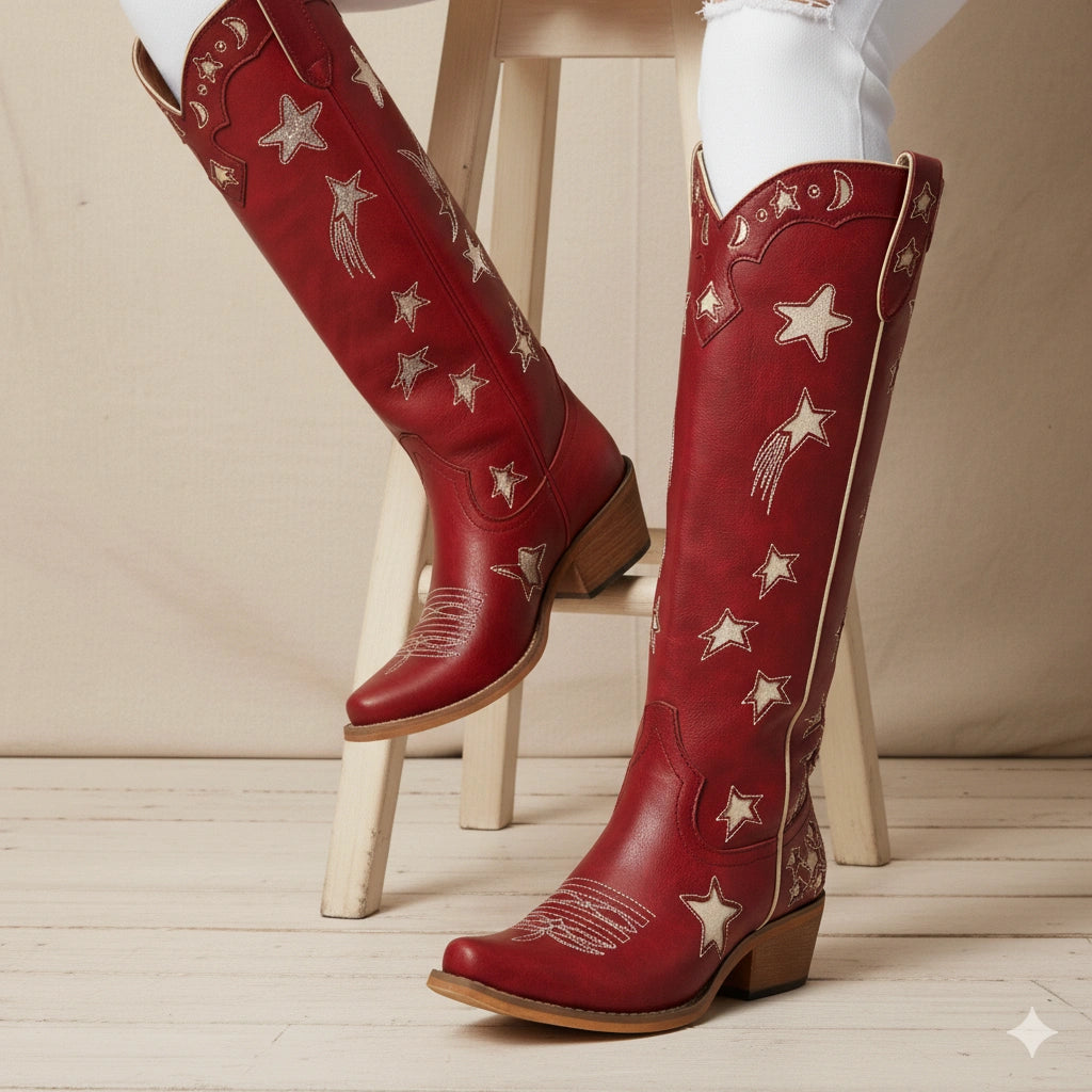 The Celestial – Fire Red Snip Toe Starry with Moon Cutout Tall Cowgirl Boots