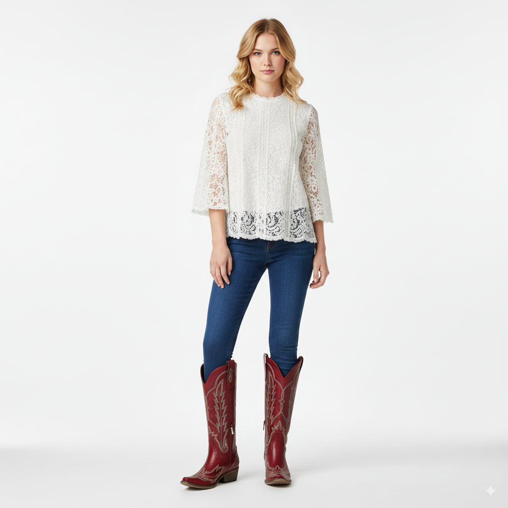 The Rosemary - Crimson Leather Classic Tall Cowgirl Boots with Embroidery