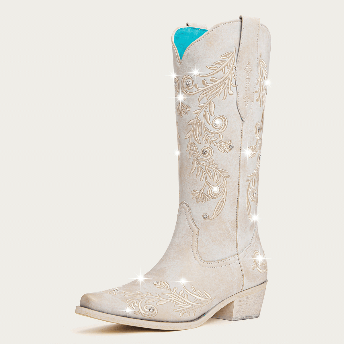 The Everly - Ivory Floral Vine Embroidered Snip Toe Cowgirl Boots with Side Zipper