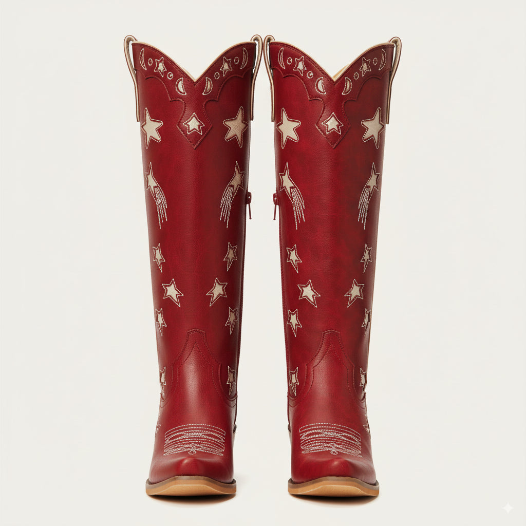 The Celestial โ Fire Red Snip Toe Starry with Moon Cutout Tall Cowgirl Boots