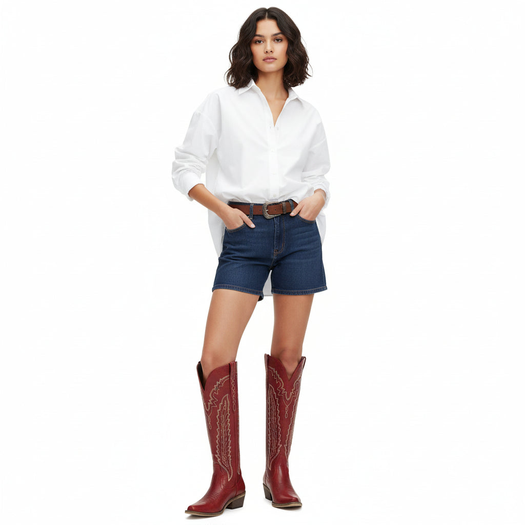 The Crimson Fire – Red Wide Calf Over-the-knee Cowgirl Boots with Fire Embroidery