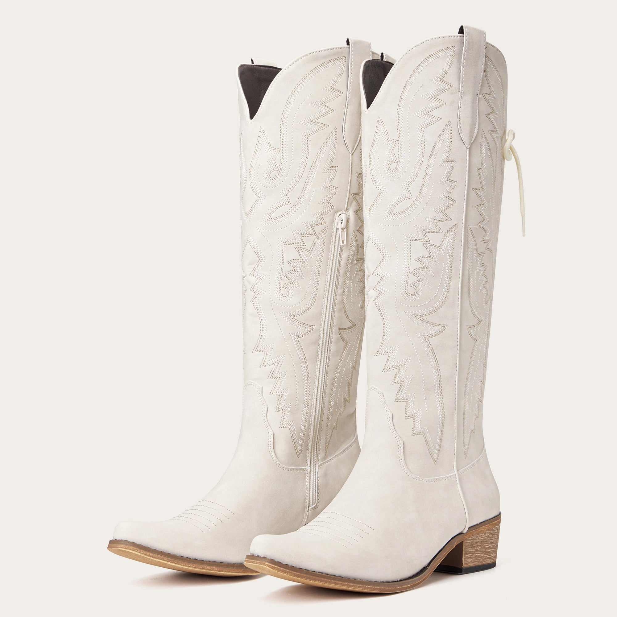 The Withersteen – Ivory Tall Cowgirl Boots with Bold Embroidery and Lace-Up Back