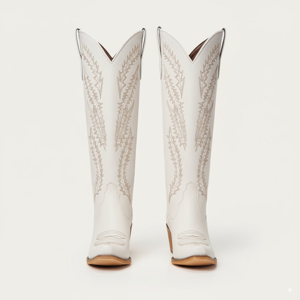 The Cattle - Ivory Tall Wide Calf Western Boots with Tonal Embroidery