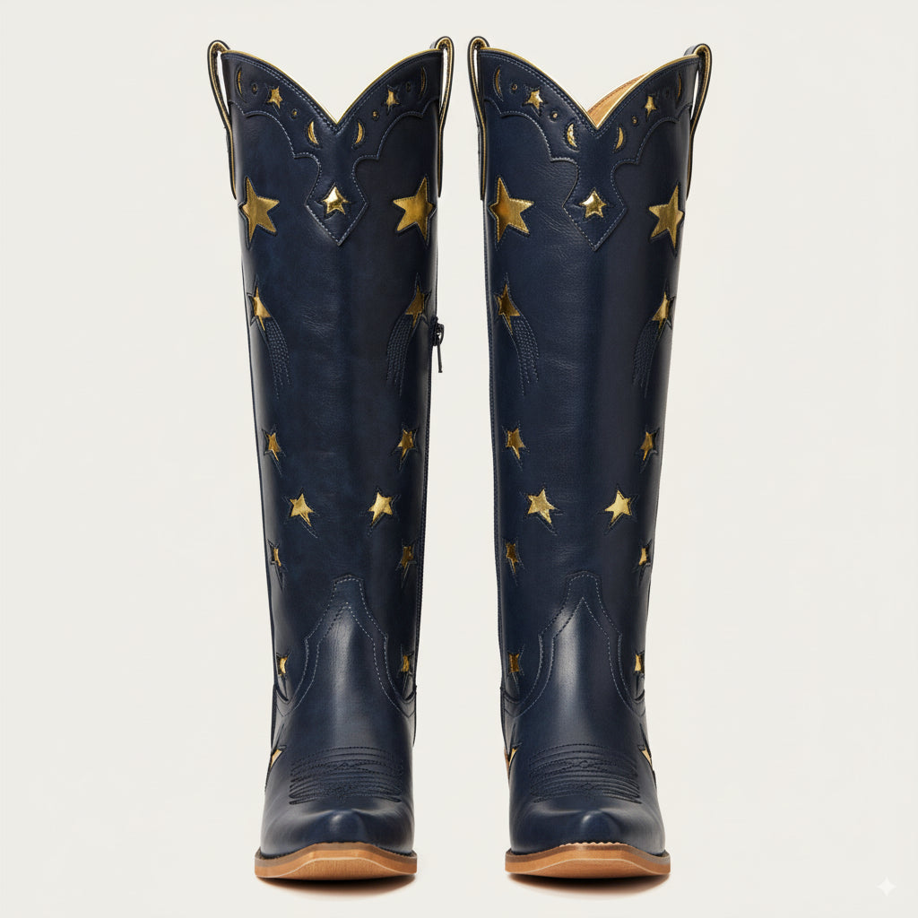 The Celestial – Midnight Blue Snip Toe Starry with Moon Cutout Tall Cowgirl Boots