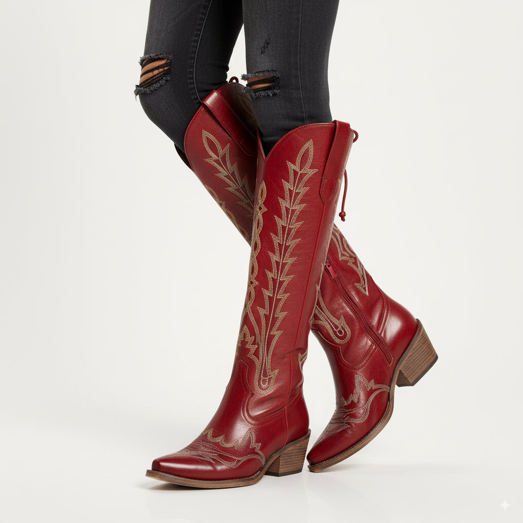 The Eula - Red Tall Cowgirl Boots with Intricate Western Embroidery