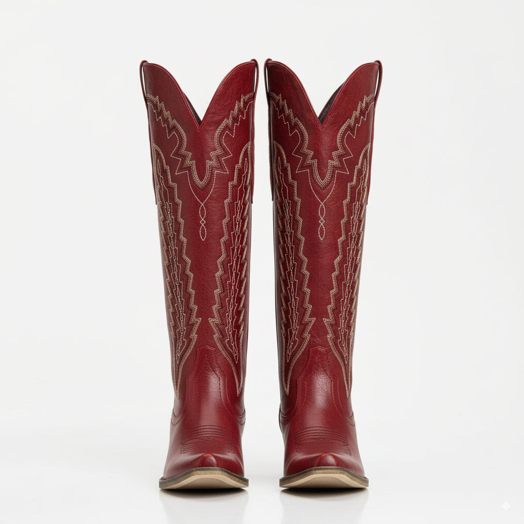 The Crimson Fire – Red Wide Calf Over-the-knee Cowgirl Boots with Fire Embroidery