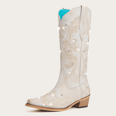 The Everly - Ivory Cowgirl Boots with Vine Embroidery and Crystal Accents