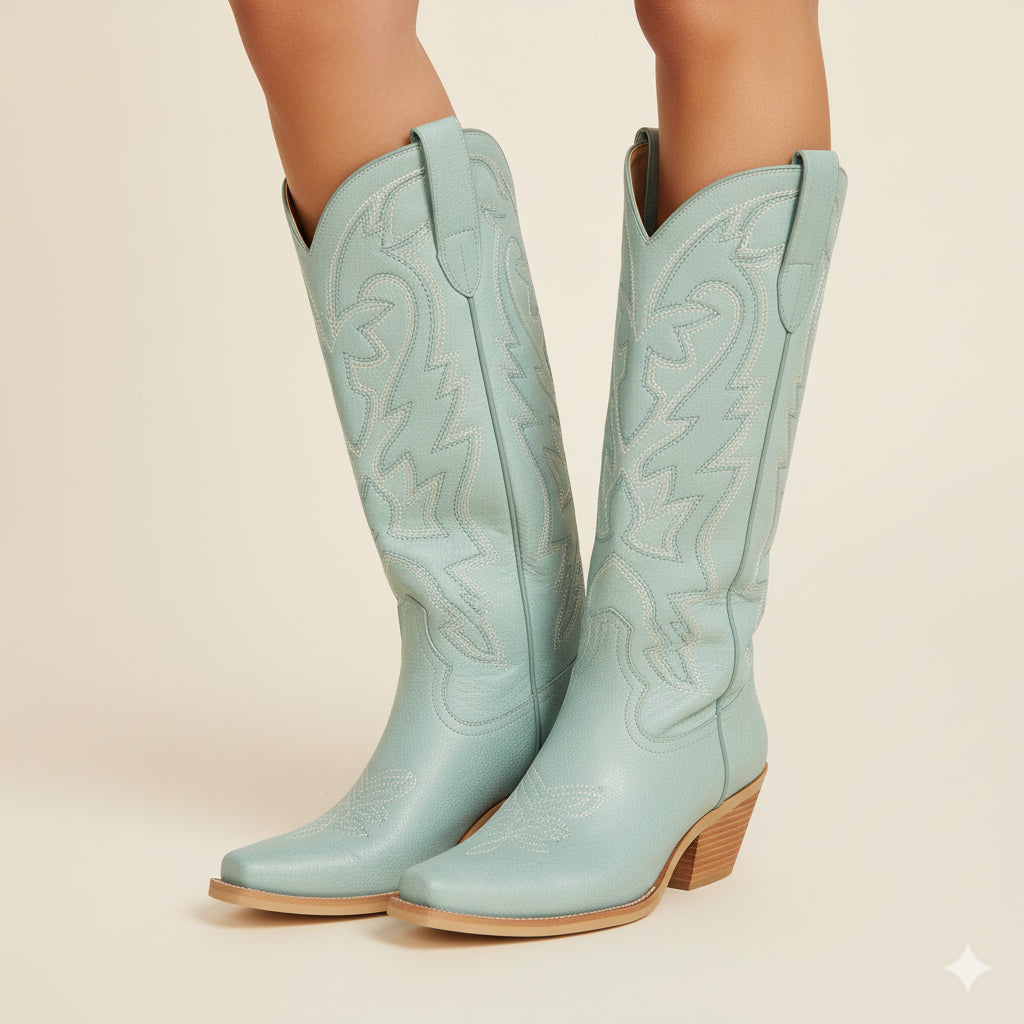 The Molly Wood – Blue Snip Toe Embroidered Cute Comfortable Tall Cowgirl Boots