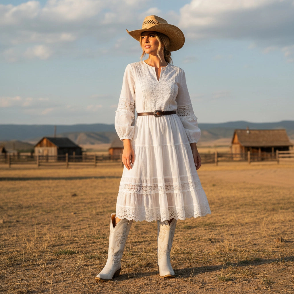 The Elizabeth - Ivory Cowgirl Boots Snip Toe with Embroidered Detail
