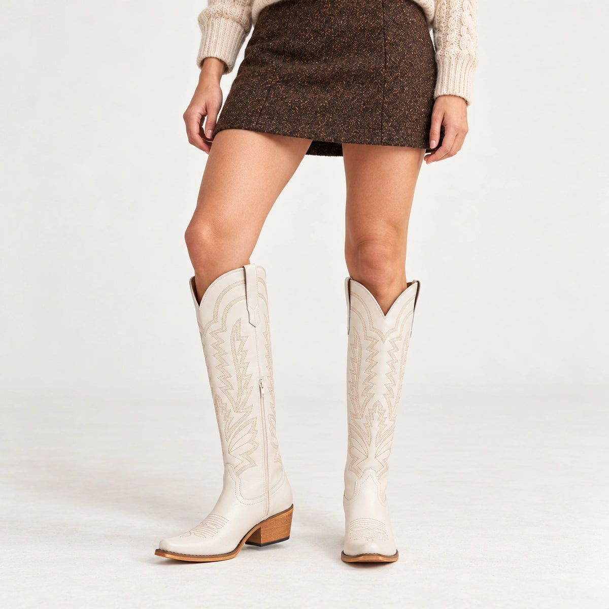 The Laurey - Cream Embroidered Soft Snip Toe Cowgirl Boots with Side Zipper
