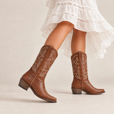 The Loretta - Brown Flame Embroidered Cowgirl Boots with Side Zipper