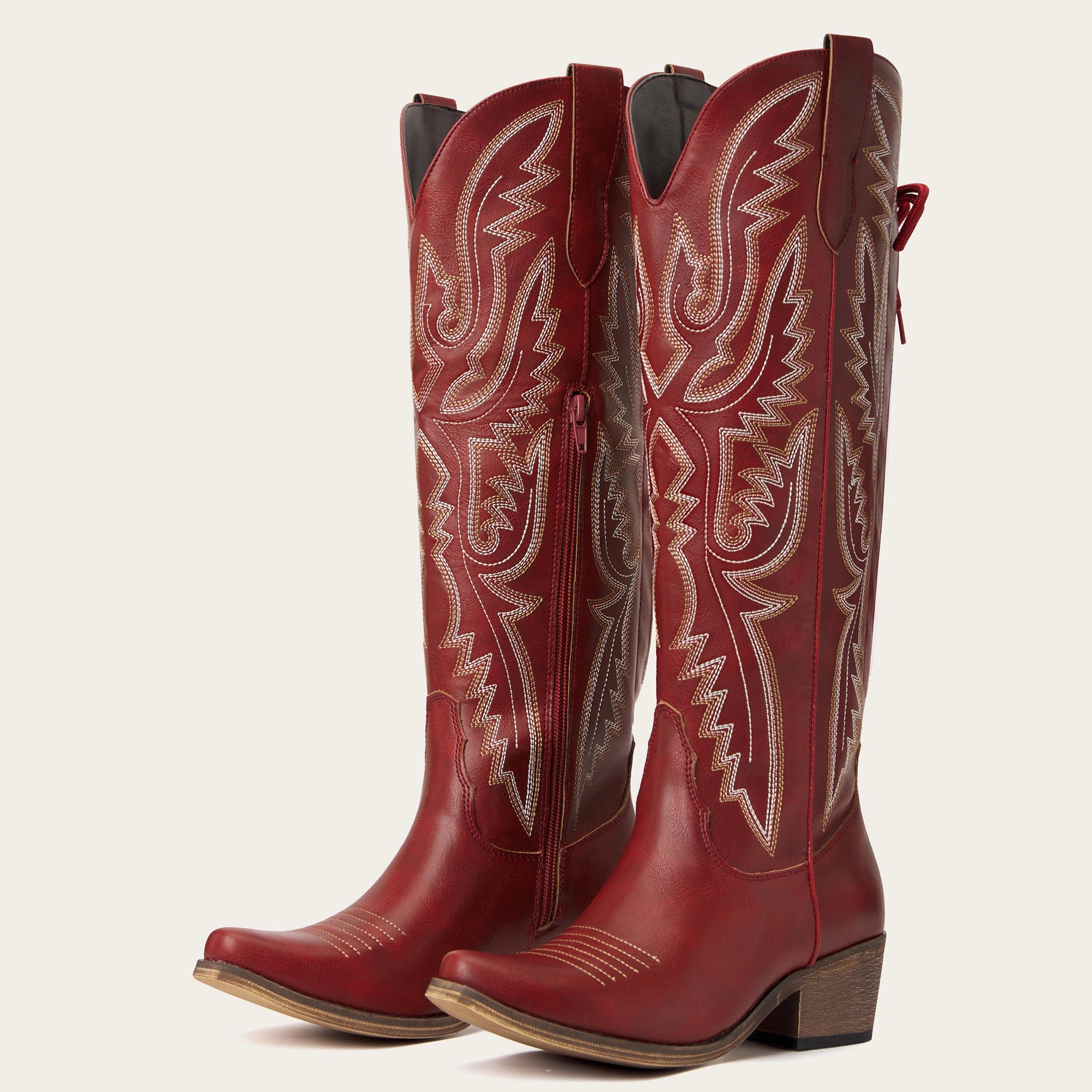 The Withersteen – Red Tall Cowgirl Boots with Bold Embroidery and Lace-Up Back