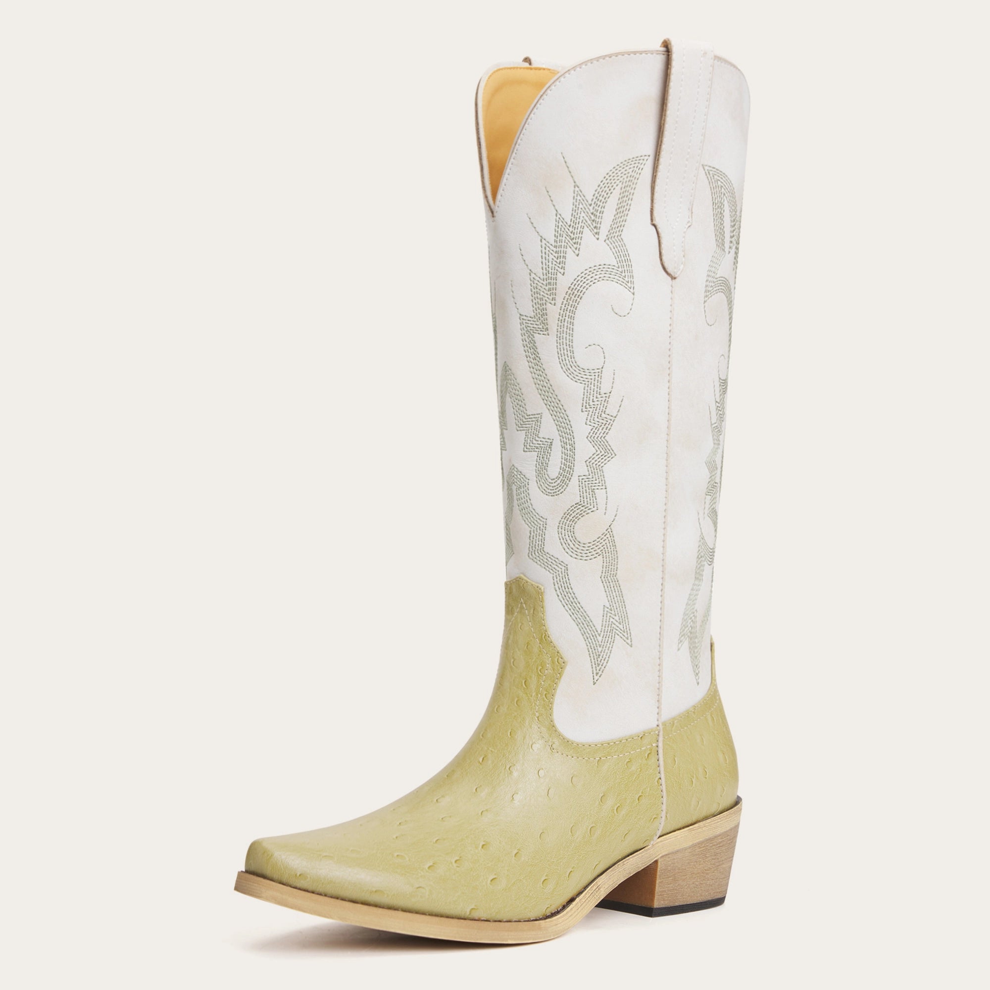 The Phoenix - Two Tone Cowgirl Boots in Lime Faux Ostrich & Distressed White