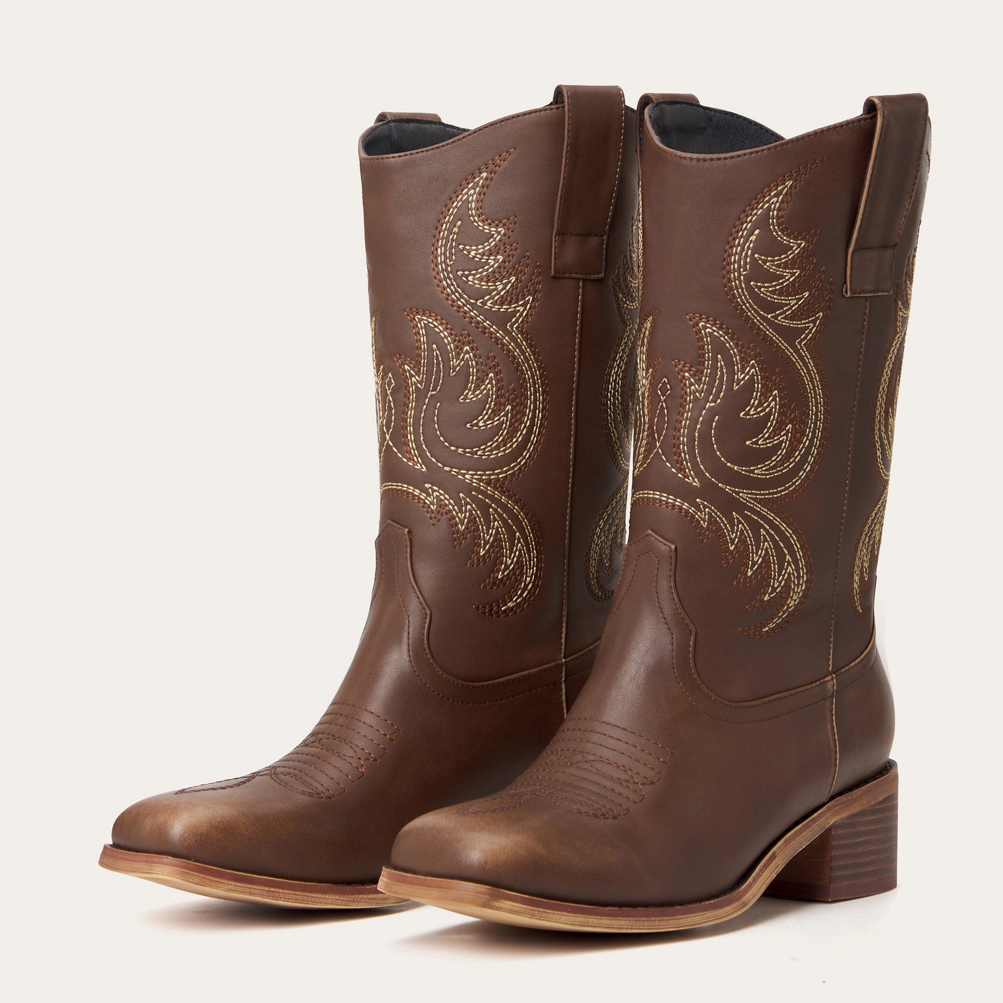 The Bronco - Brown Square Toe Embroidered Mid-calf Cowgirl Boots