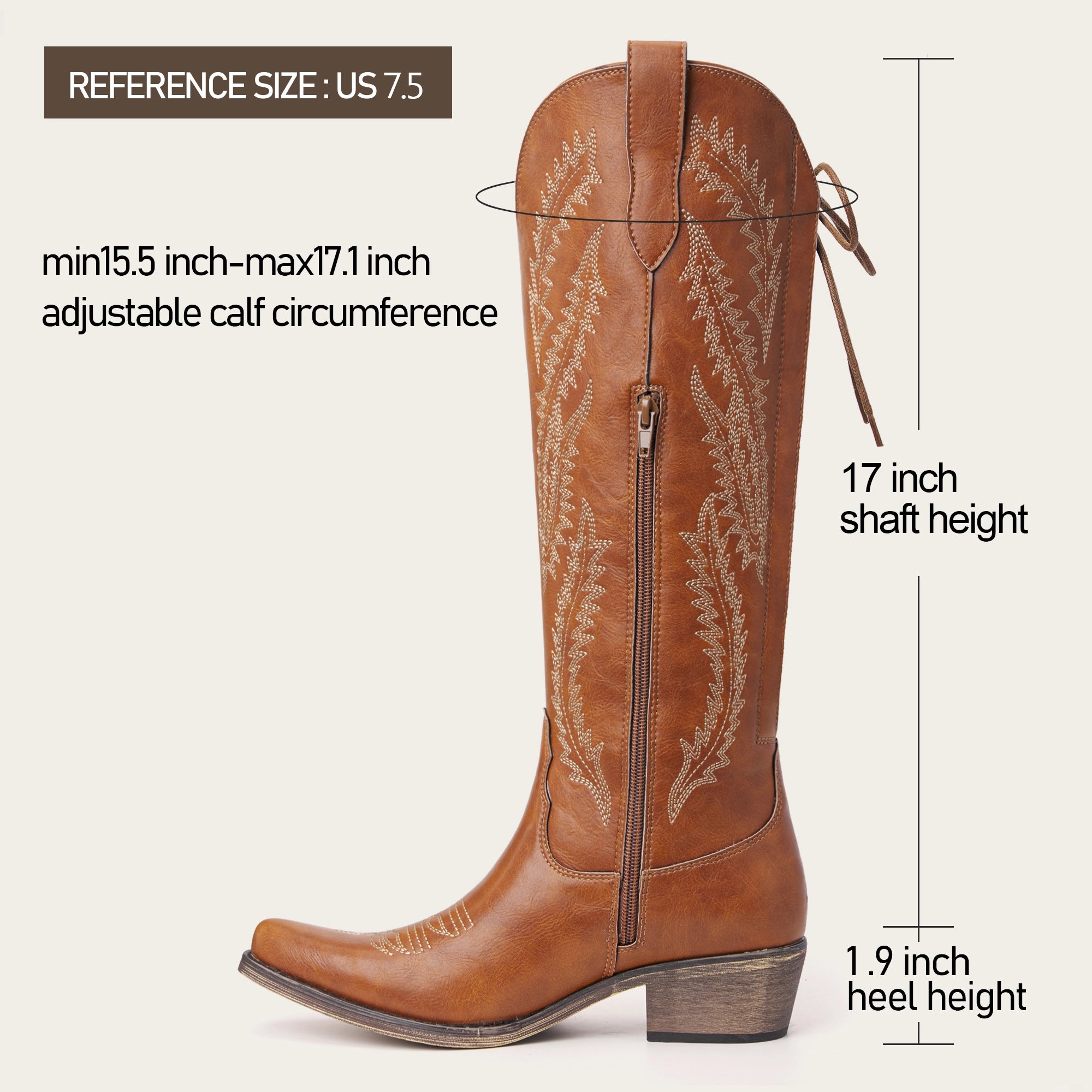 The Cattle - Tan Wide Calf Embroidered Snip Toe Cowgirl Boots with Side Zipper