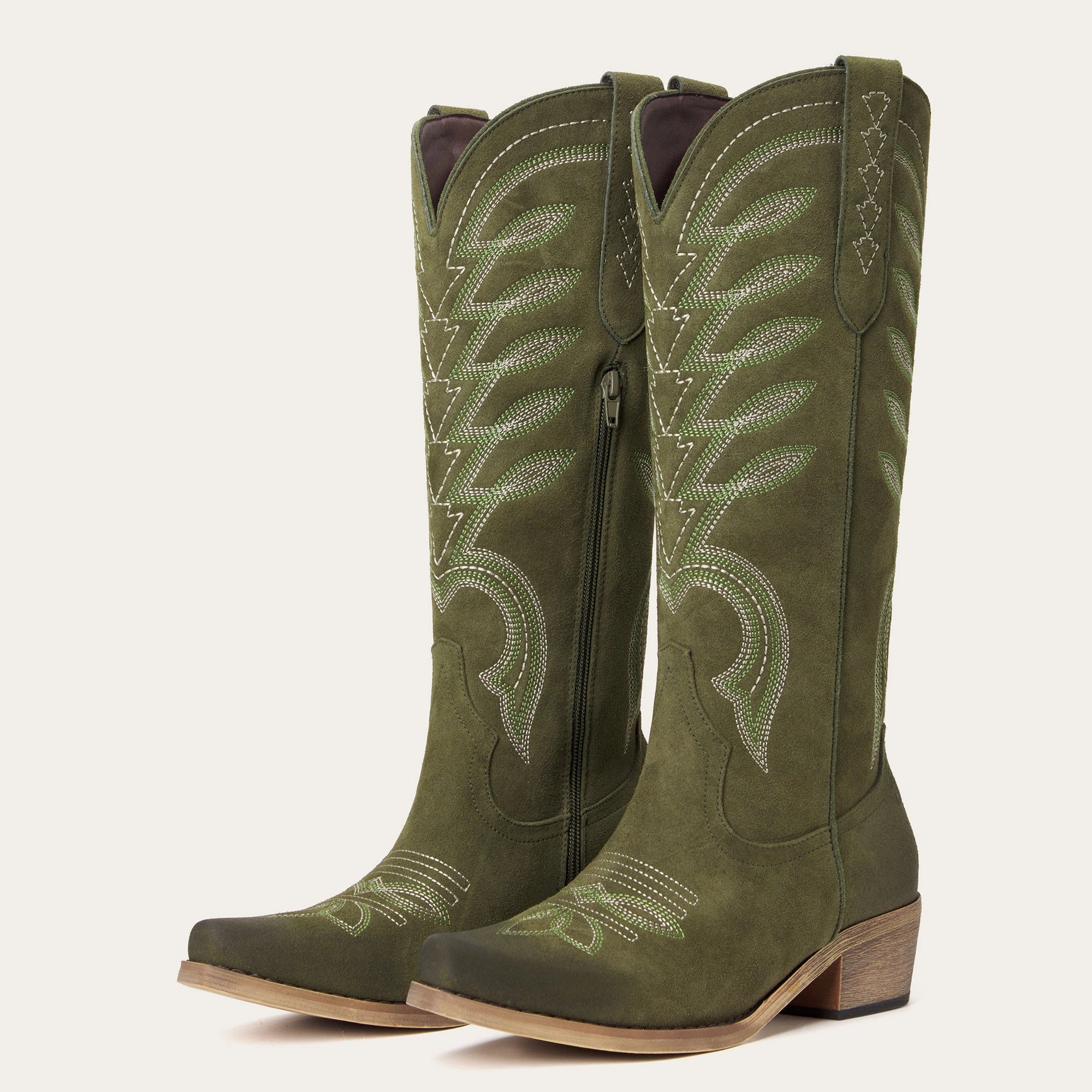 The Mojave – Olive Green Suede Cowgirl Boots with Classic Western Stitching