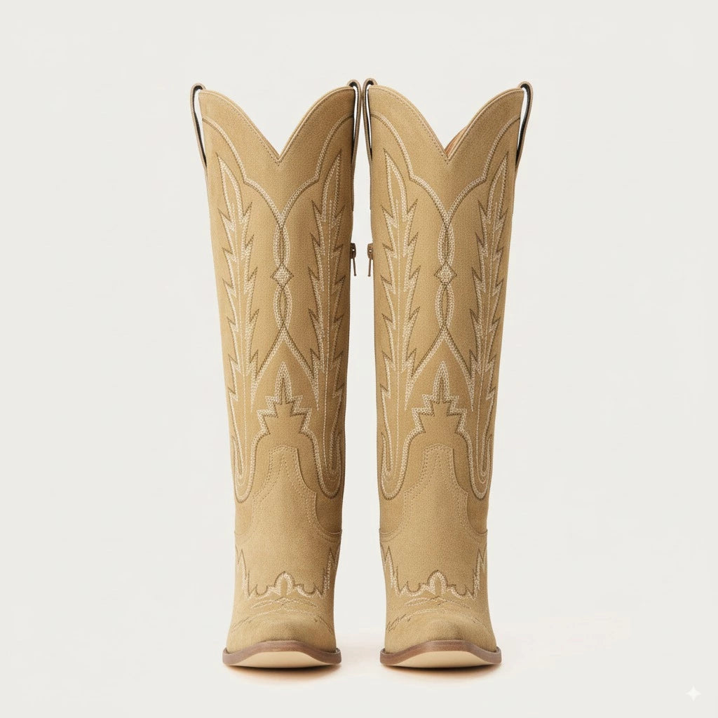The Rosemary - Beige Suede Classic Tall Cowgirl Boots with Embroidery